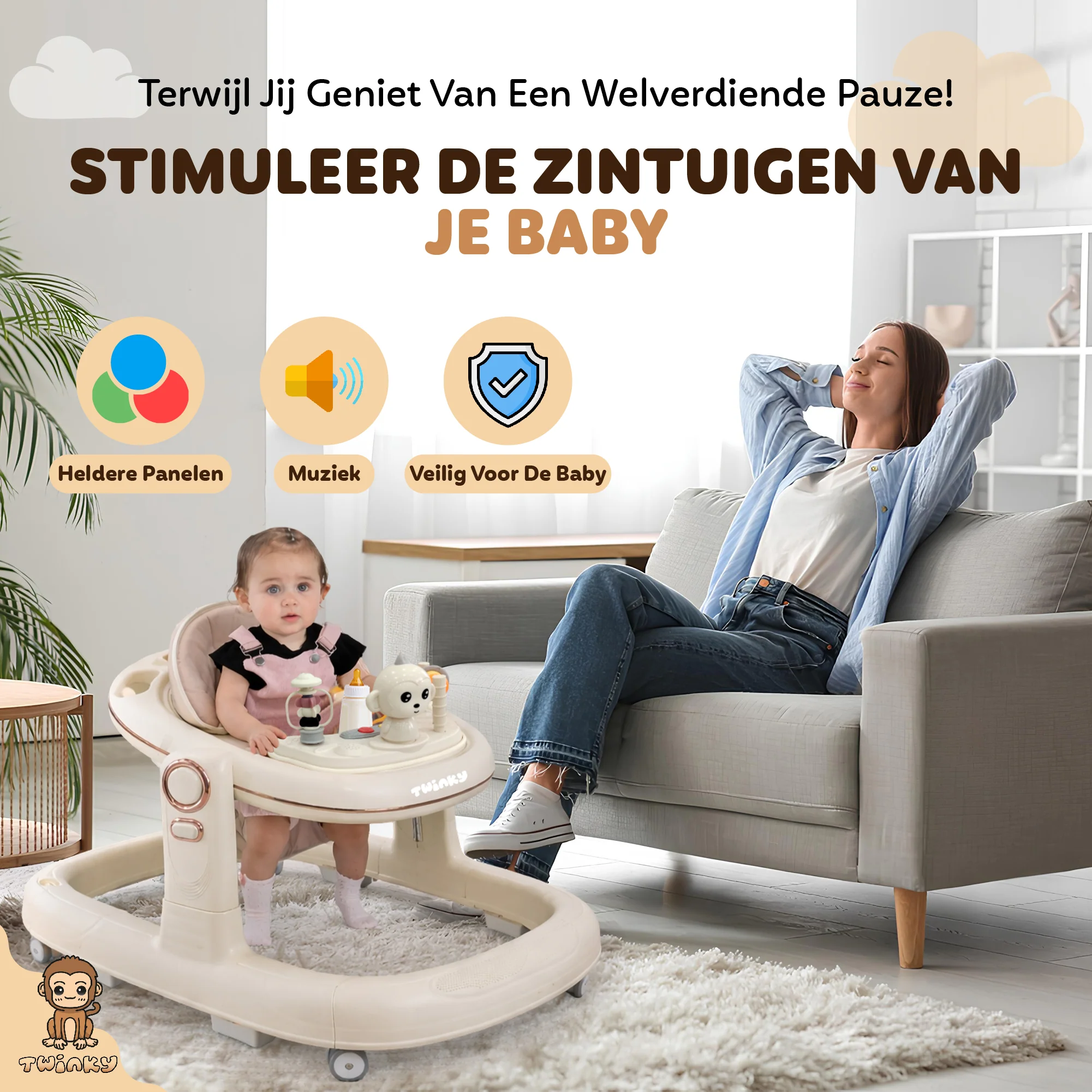 Twinky Babywalker GO - 2-in-1 Loopstoel & Loopwagen - Cream - Image 11