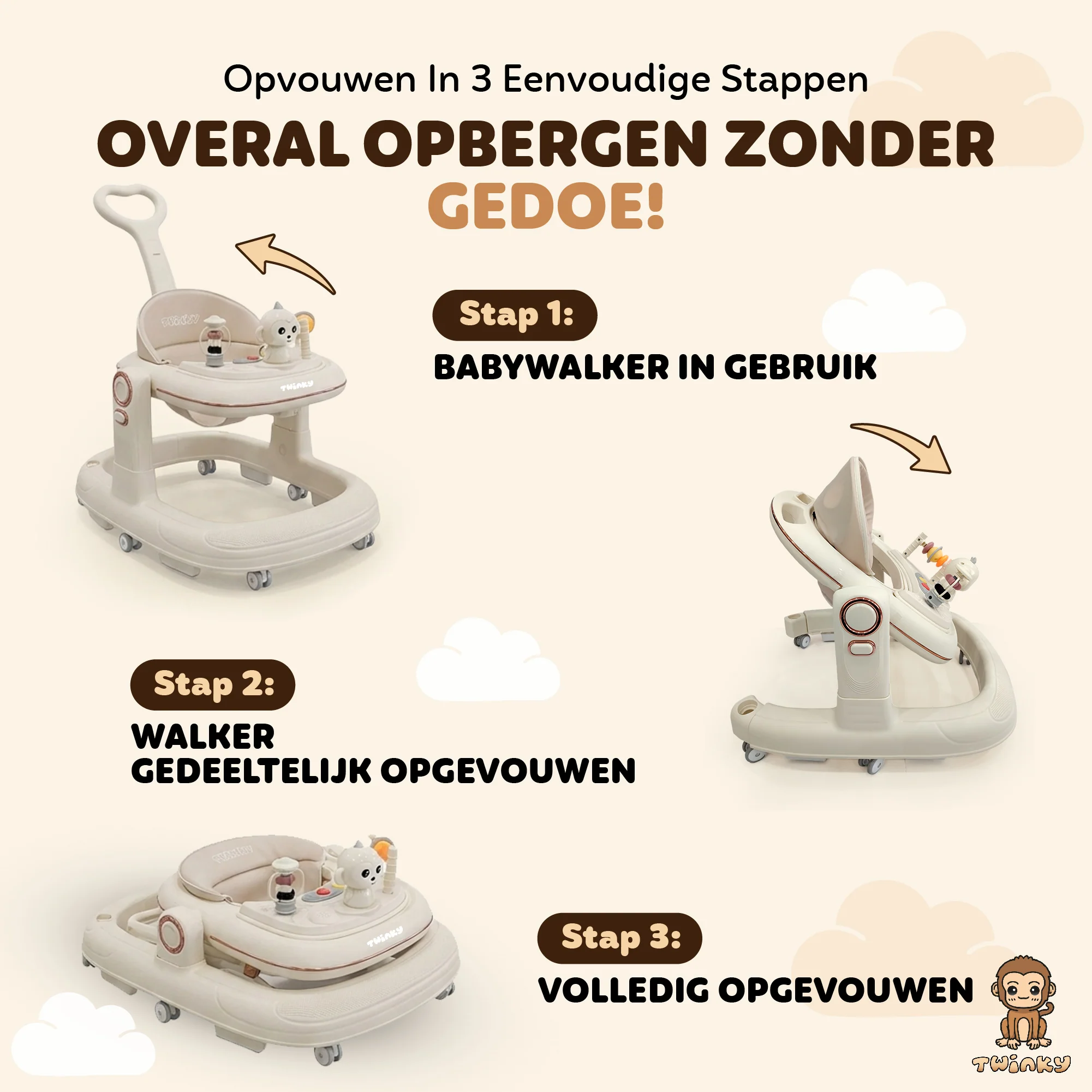 Twinky Babywalker GO - 2-in-1 Loopstoel & Loopwagen - Cream - Image 8