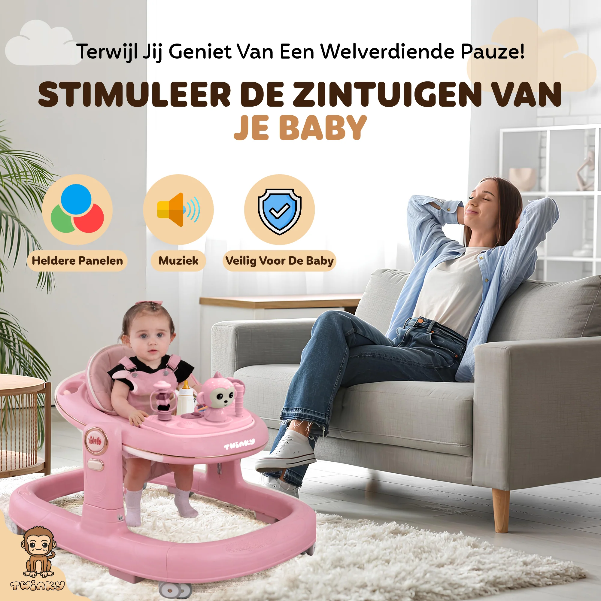 Twinky Babywalker GO - 2-in-1 Loopstoel & Loopwagen - Pink - Image 12
