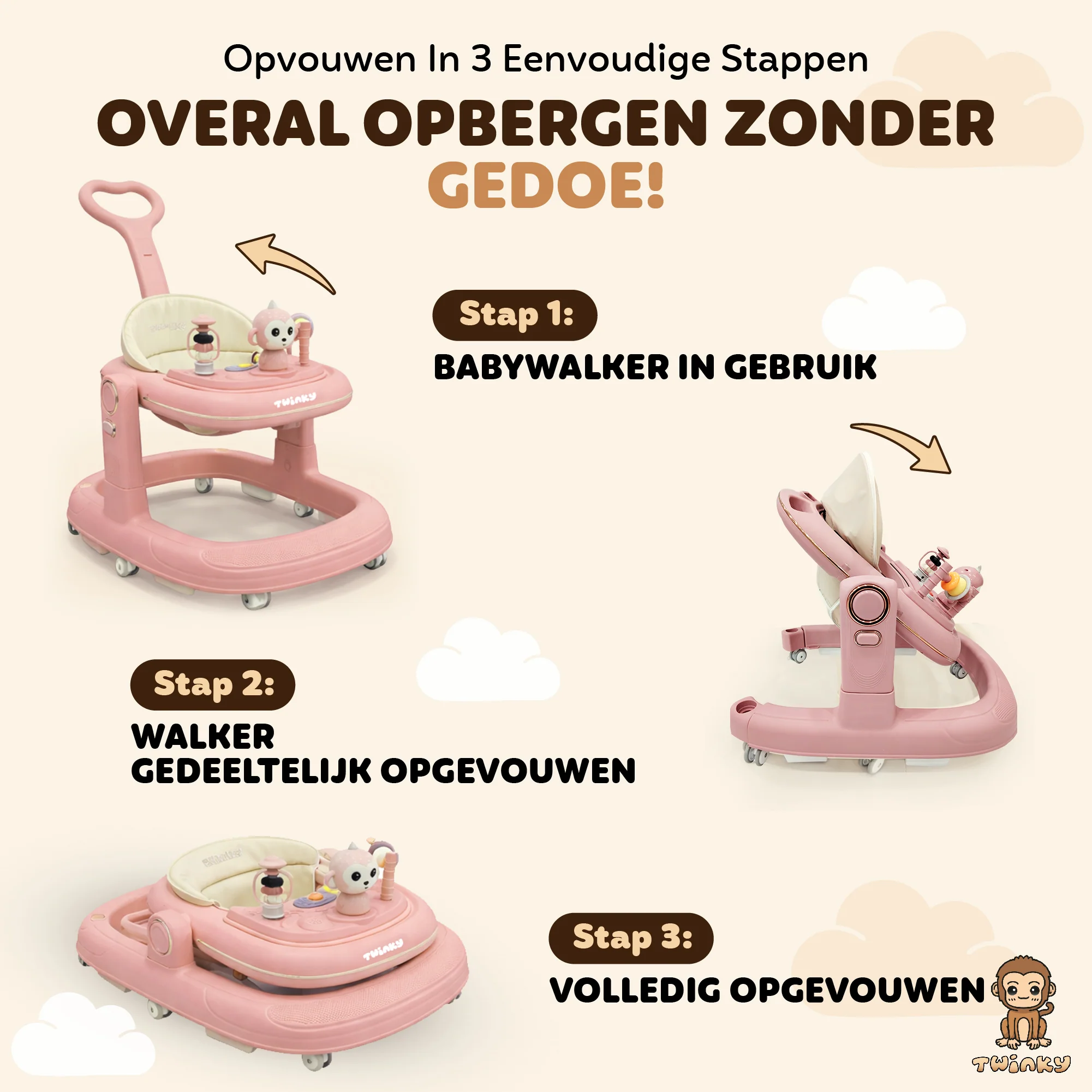 Twinky Babywalker GO - 2-in-1 Loopstoel & Loopwagen - Pink - Image 7