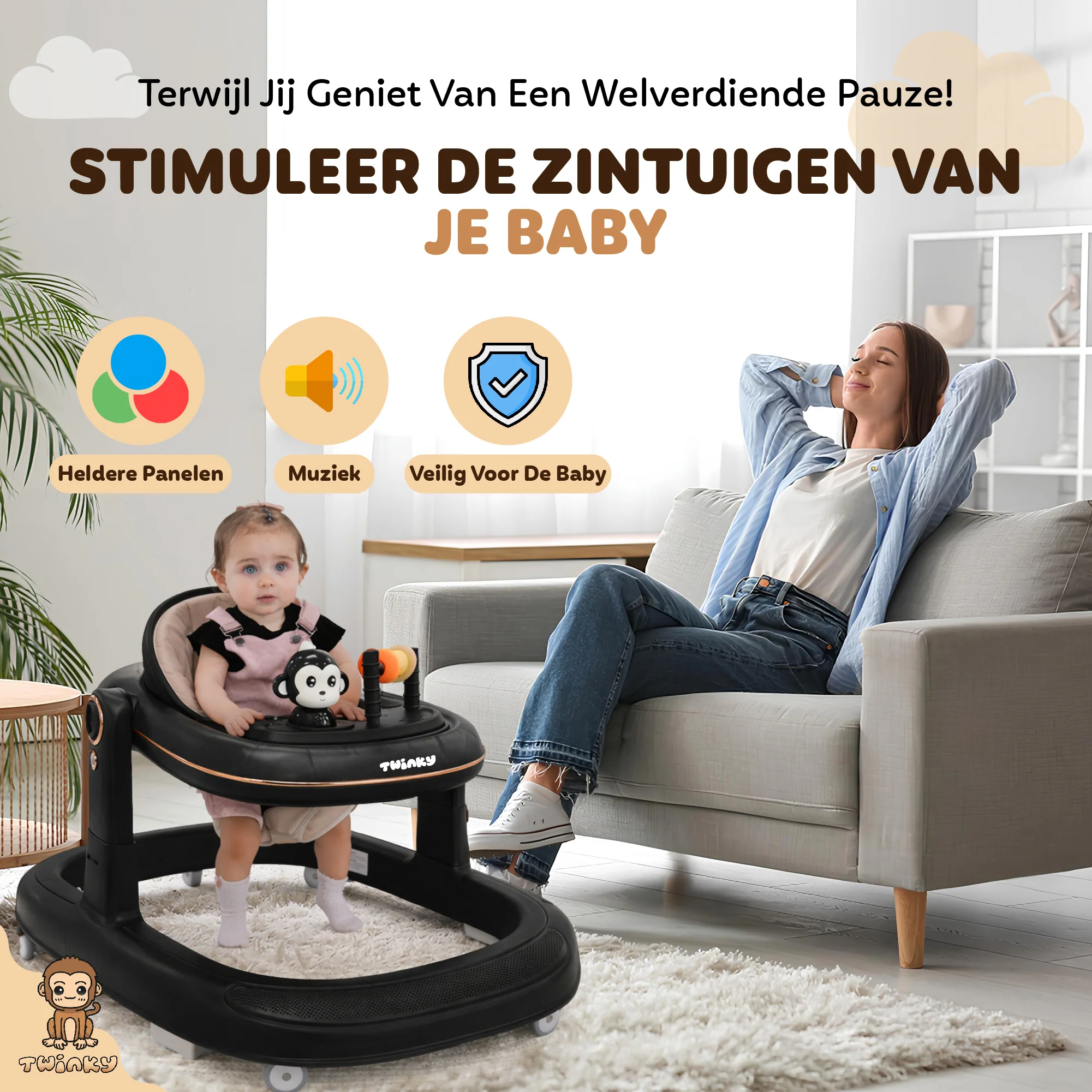 Twinky Babywalker GO - 2-in-1 Loopstoel & Loopwagen - Black - Image 10